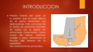 INTRODUCCION
 Presión lateral del suelo es
la presión que el suelo ejerce
en el plano horizontal. Las
aplicaciones más comunes de
la teoría de presiones laterales
en suelos son el diseño de
estructuras cimentadas como
muros de tierras, zapatas,
túneles y para determinar la
fricción del terreno en la
superficie
de cimentaciones profundas.
 