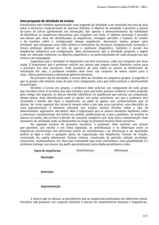 Gustavo Ximenes Cunha (UNIFAL - MG)
113
Uma proposta de atividade de ensino
Finalizamos	este	trabalho	apresentando	uma	sugestão	de	atividade	a	ser	realizada	em	sala	de	aula
sobre	a	estrutura	composicional	do	discurso	literário.	O	objetivo	da	atividade	é	permitir	a	alunos	
do curso	 de	 Letras	 (professores	 em	 formação)	 não	 apenas	 o	 desenvolvimento	 da	 habilidade	
de identificar	 as	 sequências	 discursivas	 que	 compõem	 um	 texto.	 O	 objetivo	 principal	 é	 permitir	
aos alunos	 que,	 uma	 vez	 identificadas	 as	 sequências,	 consigam	 perceber	 o	 impacto	 do	 cotexto	
e	 do contexto	 sobre	 a	 configuração	 dessas	 sequências.	 Buscamos,	 assim,	 propor	 uma	
atividade	 que ultrapasse	uma	visão	estática	e	formalista	da	estrutura	composicional,	tornando	o	
futuro	 professor sensível	 ao	 fato	 de	 que	 o	 ambiente	 (linguístico,	 histórico	 e	 social)	 das	
sequências	 influencia	 sua configuração.	 Mas	 esclarecemos	 que	 a	 atividade	 proposta	 a	 seguir	
pode	 ser	 alterada	 conforme	 os objetivos	específicos	e	as	particularidades	de	cada	situação	em	que	
venha	a	ser	empregada.
Sugerimos	que	a	atividade	se	desenvolva	em	dois	encontros,	cada	um	composto	por	duas
aulas.	 É	 importante	 que	 o	 professor	 solicite	 aos	 alunos	 que	 tragam	 textos	 literários	 curtos	 para	
o primeiro	 dos	 dois	 encontros.	 Pode	 acontecer	 de	 nem	 todos	 os	 alunos	 se	 lembrarem	 da	
solicitação. Por	 isso,	 o	 professor	 também	 deve	 levar	 um	 conjunto	 de	 textos	 curtos	 para	 a	
aula,	 textos pertencentes	a	diferentes	gêneros	literários.
No	primeiro	dia	da	atividade,	a	turma	deve	ser	dividida	em	pequenos	grupos.	A	sugestão	é
que	os	grupos	não	tenham	mais	do	que	cinco	integrantes,	para	que	todos	tenham	a	oportunidade
de	participar.
Dividida	 a	 turma	 em	 grupos,	 o	 professor	 deve	 solicitar	 aos	 integrantes	 de	 cada	 grupo	
que circulem	entre	si	os	textos	por	eles	trazidos,	para	que	todos	possam	conhecer	o	texto	proposto	
pelo colega.	Em	seguida,	os	alunos	deverão	identificar	 as	sequências	 que	entram	na	composição	
desses textos.	 Essa	 identificação	 pode	 se	 apoiar	 nas	 aulas	 anteriores,	 em	 que	 o	 professor	 terá	
focalizado	 o estudo	 dos	 tipos	 e	 sequências,	 ou	 pode	 se	 apoiar	 nos	 conhecimentos	 que	 os	
alunos	 de	 curso superior	em	Letras	já	trazem	sobre	o	que	seja	uma	narrativa,	uma	descrição	ou	
uma	 argumentação. É	 bastante	 provável	 que	 surjam	 muitas	 dúvidas	 sobre	 o	 tipo	 de	
determinados	 segmentos	 dos textos.	 Mas	 é	 importante	 que	 os	 alunos	 levantem	 hipóteses	 sobre	
a	 estrutura	 composicional	 dos textos	em	análise,	justificando-as,	e	que	o	professor,	ao	auxiliar	os	
alunos	na	tarefa,	não	os	force	a decidir	 de	maneira	 categórica	 por	uma	única	 interpretação.	 Esse	
momento	 da	atividade	 pode	se desenvolver	ao	longo	do	primeiro	horário	desse	encontro.
No	 segundo	 horário	 do	 primeiro	 encontro,	 o	 professor	 deve	 solicitar	 aos	 alunos	
que apontem,	 por	 escrito	 e	 em	 folha	 separada,	 as	 semelhanças	 e	 as	 diferenças	 entre	 as	
sequências encontradas	 nos	 diferentes	 textos.	 As	 semelhanças	 e	 as	 diferenças	 a	 ser	 apontadas	
podem	 se	 ligar a	 todo	 e	 qualquer	 plano	 de	 organização	 das	 sequências:	 formas	 de	 citação,	
construção	 da	 cadeia referencial,	 formas	 verbais,	 construção	 do	 período,	 seleção	 vocabular,	
conectores,	 modalizadores, etc.	Para	que	a	atividade	seja	mais	sistemática,	uma	possibilidade	é	o	
professor	entregar	aos	alunos (ou	pedir	que	produzam)	uma	tabela	semelhante	a	esta:
Tipos	de	sequências Semelhanças Diferenças
Narração
Descrição
Argumentação
A	ideia	é	que	os	alunos,	ao	perceberem	que	as	sequências	produzidas	em	diferentes	textos
literários	não	possuem	um	conjunto	definido	e	preciso	de	características	textuais	e	linguísticas,
 