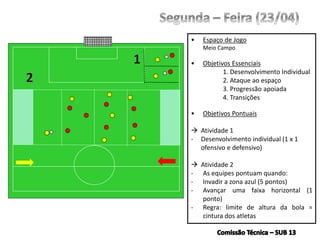 • Espaço de Jogo
Meio Campo
• Objetivos Essenciais
1. Desenvolvimento Individual
2. Ataque ao espaço
3. Progressão apoiada
4. Transições
• Objetivos Pontuais
 Atividade 1
- Desenvolvimento individual (1 x 1
ofensivo e defensivo)
 Atividade 2
- As equipes pontuam quando:
- Invadir a zona azul (5 pontos)
- Avançar uma faixa horizontal (1
ponto)
- Regra: limite de altura da bola =
cintura dos atletas
 