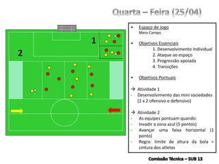 • Espaço de Jogo
Meio Campo
• Objetivos Essenciais
1. Desenvolvimento Individual
2. Ataque ao espaço
3. Progressão apoiada
4. Transições
• Objetivos Pontuais
 Atividade 1
- Desenvolvimento das mini sociedades
(2 x 2 ofensivo e defensivo)
 Atividade 2
- As equipes pontuam quando:
- Invadir a zona azul (5 pontos)
- Avançar uma faixa horizontal (1
ponto)
- Regra: limite de altura da bola =
cintura dos atletas
 