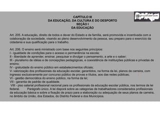 CAPÍTULO III
DA EDUCAÇÃO, DA CULTURA E DO DESPORTO
SEÇÃO I
DA EDUCAÇÃO
Art. 205. A educação, direito de todos e dever do Estado e da família, será promovida e incentivada com a
colaboração da sociedade, visando ao pleno desenvolvimento da pessoa, seu preparo para o exercício da
cidadania e sua qualificação para o trabalho.
Art. 206. O ensino será ministrado com base nos seguintes princípios:
I - igualdade de condições para o acesso e permanência na escola;
II - liberdade de aprender, ensinar, pesquisar e divulgar o pensamento, a arte e o saber;
III - pluralismo de idéias e de concepções pedagógicas, e coexistência de instituições públicas e privadas de
ensino;
IV - gratuidade do ensino público em estabelecimentos oficiais;
V- valorização dos profissionais da educação escolar, garantidos, na forma da lei, planos de carreira, com
ingresso exclusivamente por concurso público de provas e títulos, aos das redes públicas; (
VI - gestão democrática do ensino público, na forma da lei;
VII - garantia de padrão de qualidade.
VIII - piso salarial profissional nacional para os profissionais da educação escolar pública, nos termos de lei
federal. Parágrafo único. A lei disporá sobre as categorias de trabalhadores considerados profissionais
da educação básica e sobre a fixação de prazo para a elaboração ou adequação de seus planos de carreira,
no âmbito da União, dos Estados, do Distrito Federal e dos Municípios.
 