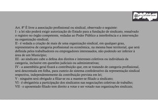 Art. 8º É livre a associação profissional ou sindical, observado o seguinte:
I - a lei não poderá exigir autorização do Estado para a fundação de sindicato, ressalvado
o registro no órgão competente, vedadas ao Poder Público a interferência e a intervenção
na organização sindical;
II - é vedada a criação de mais de uma organização sindical, em qualquer grau,
representativa de categoria profissional ou econômica, na mesma base territorial, que será
definida pelos trabalhadores ou empregadores interessados, não podendo ser inferior à
área de um Município;
III - ao sindicato cabe a defesa dos direitos e interesses coletivos ou individuais da
categoria, inclusive em questões judiciais ou administrativas;
IV - a assembléia geral fixará a contribuição que, em se tratando de categoria profissional,
será descontada em folha, para custeio do sistema confederativo da representação sindical
respectiva, independentemente da contribuição prevista em lei;
V - ninguém será obrigado a filiar-se ou a manter-se filiado a sindicato;
VI - é obrigatória a participação dos sindicatos nas negociações coletivas de trabalho;
VII - o aposentado filiado tem direito a votar e ser votado nas organizações sindicais;
 