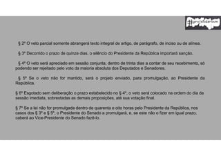 § 2º O veto parcial somente abrangerá texto integral de artigo, de parágrafo, de inciso ou de alínea.
§ 3º Decorrido o prazo de quinze dias, o silêncio do Presidente da República importará sanção.
§ 4º O veto será apreciado em sessão conjunta, dentro de trinta dias a contar de seu recebimento, só
podendo ser rejeitado pelo voto da maioria absoluta dos Deputados e Senadores.
§ 5º Se o veto não for mantido, será o projeto enviado, para promulgação, ao Presidente da
República.
§ 6º Esgotado sem deliberação o prazo estabelecido no § 4º, o veto será colocado na ordem do dia da
sessão imediata, sobrestadas as demais proposições, até sua votação final.
§ 7º Se a lei não for promulgada dentro de quarenta e oito horas pelo Presidente da República, nos
casos dos § 3º e § 5º, o Presidente do Senado a promulgará, e, se este não o fizer em igual prazo,
caberá ao Vice-Presidente do Senado fazê-lo.
 
