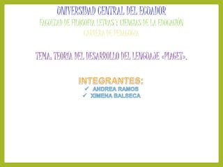 UNIVERSIDAD CENTRAL DEL ECUADOR
FACULTAD DE FILOSOFÍA LETRAS Y CIENCIAS DE LA EDUCACIÓN
CARRERA DE PEDAGOGÍA
TEMA: TEORÍA DEL DESARROLLO DEL LENGUAJE «PIAGET».
 