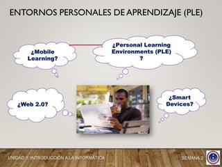 ENTORNOS PERSONALES DE APRENDIZAJE (PLE)
¿Personal Learning
Environments (PLE)
?
¿Mobile
Learning?
¿Web 2.0?
¿Smart
Devices?
UNIDAD 1: INTRODUCCIÓN A LA INFORMÁTICA SEMANA 2
 