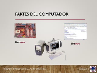 SEMANA 3UNIDAD 1: INTRODUCCIÓN A AL INFORMÁTICA
PARTES DEL COMPUTADOR
Hardware
Software
 
