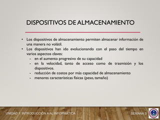 DISPOSITIVOS DE ALMACENAMIENTO
SEMANA 3UNIDAD 1: INTRODUCCIÓN A AL INFORMÁTICA
• Los dispositivos de almacenamiento permiten almacenar información de
una manera no volátil.
• Los dispositivos han ido evolucionando con el paso del tiempo en
varios aspectos claves:
- en el aumento progresivo de su capacidad
- en la velocidad, tanto de acceso como de trasmisión y los
dispositivos.
- reducción de costos por más capacidad de almacenamiento
- menores características físicas (peso, tamaño)
 