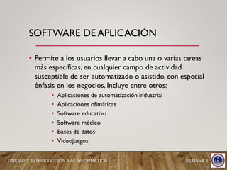 • Permite a los usuarios llevar a cabo una o varias tareas
más específicas, en cualquier campo de actividad
susceptible de ser automatizado o asistido, con especial
énfasis en los negocios. Incluye entre otros:
• Aplicaciones de automatización industrial
• Aplicaciones ofimáticas
• Software educativo
• Software médico
• Bases de datos
• Videojuegos
SOFTWARE DE APLICACIÓN
SEMANA 3UNIDAD 1: INTRODUCCIÓN A AL INFORMÁTICA
 