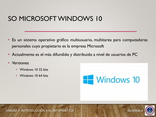 • Es un sistema operativo gráfico multiusuario, multitarea para computadoras
personales cuyo propietario es la empresa Microsoft
• Actualmente es el más difundido y distribuido a nivel de usuarios de PC
• Versiones
• Windows 10 32 bits
• Windows 10 64 bits
SO MICROSOFTWINDOWS 10
SEMANA 4UNIDAD 1: INTRODUCCIÓN A AL INFORMÁTICA
 