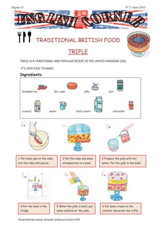 Página 15 Nº 2- Junio 2015
1 Put some jam on the cake.
Cut the cake into pieces.
4 Put the bowl in the
fridge.
5 When the jelly is solid, put
some custard on the jelly.
6 Put some cream on the
custard. Decorate the trifle.
3 Prepare the jelly with hot
water. Put the jelly in the bowl.
2 Put the cake and some
strawberries in a bowl.
Illustrated by Juanjo Amador andLaura Castro 6ºA
 