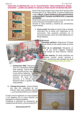 VISITA DEL ALUMNADO DEL C.E.I.P. “BLAS INFANTE” PARA CONOCER EL MURAL
GANADOR:” ¿CÓMO COLABORA TU ESCUELA PARA HACER UN MUNDO MEJOR?
El día 18 de marzo vinieron dos cursos de 5º de Educación
Primaria del C.E.I.P. “Blas Infante” a nuestro Colegio para
visitar el
El día 25 de marzo nos visitaron dos cursos de 5 años del
mismo Cole para ver también nuestro mural.
Durante la visita nosotros y nosotras les comentamos
nuestro trabajo:
Nos llegó a nuestro Cole un dossier
informativo de la marca Jovi celebrando su 75
aniversario. Nos proponía participar en un
Concurso Escolar a favor de Unicef elaborando un
Mural Solidario.
Ordenamos 10 frases
solidarias desde la más votada hasta la menos
votada.
Dibujamos un
árbol y de sus ramas colgaban imágenes
solidarias traídas de casa (internet, revistas,
dibujos).
El medio ambiente nos
pide reducir, reciclar, reusar, rechazar y
recuperar. Concluimos este apartado con esta
frase:
Mural: ¿Cómo Colabora tu Escuela para hacer
un Mundo Mejor? Ganador deANDALUCIA y segundo
de ESPAÑA.
1. Como surgió:
2. Partes del mural:
Decálogo solidario:
Árbol de la solidaridad:
Nuestro entorno:
·
·
·
“La naturaleza nos da vida”.
· Solidaridad ONG:
3. Entrega de premios:
Dibujamos un
arco iris y escribimos alrededor de
este mensaje: “Somos libres y da
igual de donde somos, que religión
o que idioma hablamos. Tenemos
derecho a una educación y a una
escuela. Da igual de dónde
venimos y a dónde vamos.
Nacemos libres e iguales. Somos
responsables.
hemos recibido
una caja con materiales de Jovi
(colores , lápiz ,tizas, plastilina, llaveros
…) y se ha donado 400 euros a UNICEF
A cada curso le regalamos un marca páginas
y una pegatina con el mural. Ellos/as nos
entregaron un Diploma al Mérito.
Finalizada la actividad les ensañamos las
instalaciones del Centro .y les encantaron!!!!!.
Alumnos/as de 5º C
Página 22 Nº 2- Junio 2015
 