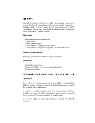1 21 21 21 21 2
PIE CAVO
En esta deformidad sucede lo contrario al pie plano, es un pie excavado, con
aumento de la bóveda plantar, hiperpresión en la cabeza de los metatarsinos y
el calcáneo, dedos en garra y varo del talón. Según estadísticas de 80 a 90 %
está asociado a alteraciones neurológicas heredodegenerativas, malforma-
ciones lumbosacras y parálisis cerebral.
Diagnóstico
- Antecedentes personales y familiares.
- Examen físico.
- Exploración neurológica.
- Examen del pie en carga y descarga de peso.
- Se puede observar hiperqueratosis plantar y en dorso de los dedos.
Estudios de imagenología
Radiología: aumento extremo del arco longitudinal interno.
Tratamiento
- Almohadilla metatarsiana.
- Calzados ortopédicos con las correcciones adecuadas.
- Tratamiento quirúrgico.
DEFORMIDADES ANGULARES DE LAS RODILLAS
Definiciones
Genus valgus: es el desplazamiento interno de la rodilla. El eje longitudinal
del fémur se dirige en aducción y la tibia en abducción, formándose entre los
dos un ángulo abierto hacia afuera.
El paciente es normal, pero cuando carga sobre sus extremidades inferiores
se puede observar que las rodillas se angulan por la cara interna formando las
típicas piernas en X, puede acompañarse de pie planovalgo.
Es importante explorar la elasticidad articular para valorar la posibilidad de
correción.
 