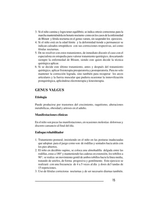 1 51 51 51 51 5
3. Si el niño camina y logra tener equilibrio, se indica ortesis correctoras para la
marchamanteniéndolaenhorarionocturno comoenloscasosdelaenfermedad
de Blount y férula nocturna en el genus varum, sin suspender los ejercicios.
4. Si el niño está en la edad límite y la deformidad tiende a permanecer se
indican calzados ortopédicos con sus correcciones respectivas, así como
férulas nocturnas.
5. De no resolver con estos tratamientos, de inmediato discutir el caso con el
especialista en ortopedia para valorar tratamiento quirúrgico, descartando
siempre la enfermedad de Blount, siendo este quien decide la técnica
quirúrgica aplicar.
6. Si se decide este último tratamiento, antes y después del tratamiento
quirúrgico, aplicar fisioterapia preoperatoria y postoperatoria. Para no solo
mantener la corrección lograda, sino también para recuperar los arcos
articulares y la fuerza muscular que pudiera ocasionar la inmovilización
postquirúrgica, aplicándose electroterapia y kinesiterapia.
GENUS VALGUS
Etiología
Puede producirse por trastornos del crecimiento, raquitismo, alteraciones
metabólicas, obesidad y artrosis en el adulto.
Manifestaciones clínicas
En el niño son pocas las manifestaciones, en ocasiones molestias dolorosas y
discreto cansancio al final del día.
Enfoquerehabilitador
1. Tratamiento postural, insistiendo en el niño en las posturas inadecuadas
que adoptan para el juego como son de rodillas y sentados hacia atrás con
los pies abiertos.
2. El niño en decúbito supino, se coloca una almohadilla delgada entre las
rodillas, estas a 180° y manteniendo las caderas en extensión, los tobillos a
90°; se realiza un movimiento gentil de ambos tobillos hacia la línea media,
tratando de unirlos, de forma progresiva y gentilmente. Este ejercicio se
realizará con una frecuencia de 4 a 5 veces al día y dosis de3 tandas de
15 repeticiones.
3. Uso de férulas correctoras nocturnas y de ser necesario diurnas también.
 