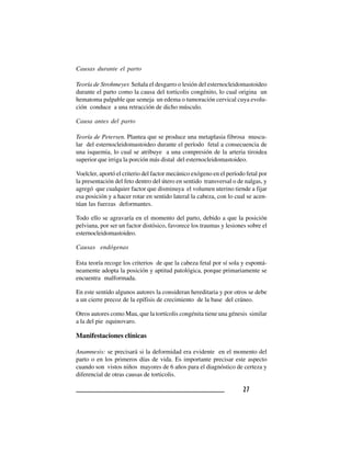 2 72 72 72 72 7
Causas durante el parto
Teoría de Strohmeyer. Señala el desgarro o lesión del esternocleidomastoideo
durante el parto como la causa del torticolis congénito, lo cual origina un
hematoma palpable que semeja un edema o tumoración cervical cuya evolu-
ción conduce a una retracción de dicho músculo.
Causa antes del parto
Teoría de Petersen. Plantea que se produce una metaplasia fibrosa muscu-
lar del esternocleidomastoideo durante el período fetal a consecuencia de
una isquemia, lo cual se atribuye a una compresión de la arteria tiroidea
superior que irriga la porción más distal del esternocleidomastoideo.
Voelcler, aportó el criterio del factor mecánico exógeno en el período fetal por
la presentación del feto dentro del útero en sentido transversal o de nalgas, y
agregó que cualquier factor que disminuya el volumen uterino tiende a fijar
esa posición y a hacer rotar en sentido lateral la cabeza, con lo cual se acen-
túan las fuerzas deformantes.
Todo ello se agravaría en el momento del parto, debido a que la posición
pelviana, por ser un factor distósico, favorece los traumas y lesiones sobre el
esternocleidomastoideo.
Causas endógenas
Esta teoría recoge los criterios de que la cabeza fetal por sí sola y espontá-
neamente adopta la posición y aptitud patológica, porque primariamente se
encuentra malformada.
En este sentido algunos autores la consideran hereditaria y por otros se debe
a un cierre precoz de la epífisis de crecimiento de la base del cráneo.
Otros autores como Mau, que la tortícolis congénita tiene una génesis similar
a la del pie equinovaro.
Manifestaciones clínicas
Anamnesis: se precisará si la deformidad era evidente en el momento del
parto o en los primeros días de vida. Es importante precisar este aspecto
cuando son vistos niños mayores de 6 años para el diagnóstico de certeza y
diferencial de otras causas de torticolis.
 