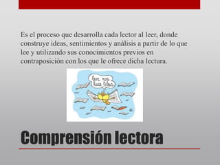 Comprensión lectora
Es el proceso que desarrolla cada lector al leer, donde
construye ideas, sentimientos y análisis a partir de lo que
lee y utilizando sus conocimientos previos en
contraposición con los que le ofrece dicha lectura.
 