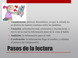 Pasos de la lectura
• Visualización: proceso discontinuo, ya que la mirada no
se desliza de manera continua sobre las palabras.
• Fonación: articulación oral, consciente o inconsciente, a
través de la cual la información pasa de la vista al habla
• Audición: la información pasa al oído
• Cerebración: la información llega al cerebro y culmina
el proceso de comprensión
 