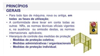 • Para todo tipo de máquina, nova ou antiga, em
todas as fases de utilização;
• A conformidade deve levar em conta todas as
outras NRs, as normas técnicas oficiais vigentes
e, na ausência ou omissão destas, as normas
internacionais aplicáveis;
• Hierarquia de controle das medidas de proteção:
- Medidas de proteção coletiva;
- Medidas administrativas / organizacionais;
- Medidas de proteção individual.
PRINCÍPIOS
GERAIS
 