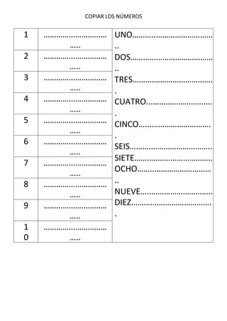 COPIAR LOS NÚMEROS
1 ………………………… UNO………..………………………
..
DOS………...………………………
..
TRES……….……………………….
.
CUATRO...……………………….
.
CINCO…...……………………….
.
SEIS……….………………………..
SIETE……..………………………..
OCHO……..………………………
..
NUEVE…..………………………..
DIEZ……….……………………….
.
…..
2 …………………………
…..
3 …………………………
…..
4 …………………………
…..
5 …………………………
…..
6 …………………………
…..
7 …………………………
…..
8 …………………………
…..
9 …………………………
…..
1 …………………………
0 …..
 