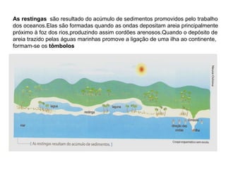 As restingas são resultado do acúmulo de sedimentos promovidos pelo trabalho
dos oceanos.Elas são formadas quando as ondas depositam areia principalmente
próximo à foz dos rios,produzindo assim cordões arenosos.Quando o depósito de
areia trazido pelas águas marinhas promove a ligação de uma ilha ao continente,
formam-se os tômbolos
 
