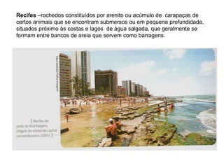 Recifes –rochedos constituídos por arenito ou acúmulo de carapaças de
certos animais que se encontram submersos ou em pequena profundidade,
situados próximo às costas e lagos de água salgada, que geralmente se
formam entre bancos de areia que servem como barragens.
 
