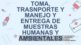 TOMA,
TRASNPORTE Y
MANEJO Y
ENTREGA DE
MUESTRAS
HUMANAS Y
AMBIENTALES
NORMA OFICIAL MEXICANA NOM-087-SEMARNAT-1995, QUE ESTABLECE LOS REQUISITOS
PARA LA SEPARACIÓN, ENVASADO, ALMACENAMIENTO, RECOLECCIÓN, TRANSPORTE,
TRATAMIENTO Y DISPOSICIÓN FINAL DE LOS RESIDUOS PELIGROSOS BIOLÓGICO-
INFECCIOSOS QUE SE GENERAN EN ESTABLECIMIENTOS QUE PRESTEN ATENCIÓN MEDICA.
 