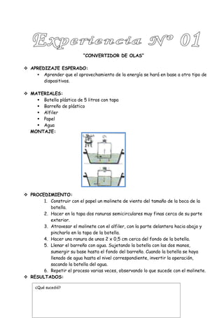 “CONVERTIDOR DE OLAS”

 APREDIZAJE ESPERADO:
     Aprender que el aprovechamiento de la energía se hará en base a otro tipo de
       dispositivos.

 MATERIALES:
     Botella plástica de 5 litros con tapa
     Barreño de plástico
     Alfiler
     Papel
     Agua
  MONTAJE:




 PROCEDIMIENTO:
       1. Construir con el papel un molinete de viento del tamaño de la boca de la
          botella.
       2. Hacer en la tapa dos ranuras semicirculares muy finas cerca de su parte
          exterior.
       3. Atravesar el molinete con el alfiler, con la parte delantera hacia abajo y
          pincharlo en la tapa de la botella.
       4. Hacer una ranura de unos 2 x 0,5 cm cerca del fondo de la botella.
       5. Llenar el barreño con agua. Sujetando la botella con las dos manos,
          sumergir su base hasta el fondo del barreño. Cuando la botella se haya
          llenado de agua hasta el nivel correspondiente, invertir la operación,
          sacando la botella del agua.
       6. Repetir el proceso varias veces, observando lo que sucede con el molinete.
 RESULTADOS:

     ¿Qué sucedió?
 