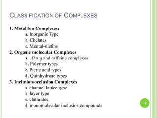 CLASSIFICATION OF COMPLEXES
1. Metal Ion Complexes:
a. Inorganic Type
b. Chelates
c. Mental-olefins
2. Organic molecular Complexes
a. . Drug and caffeine complexes
b. Polymer types
c. Picric acid types
d. Quinhydrone types
3. Inclusion/occlusion Complexes
a. channel lattice type
b. layer type
c. clathrates
d. monomolecular inclusion compounds
10
 
