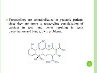 23
 Tetracyclines are contraindicated in pediatric patients
since they are prone to tetracycline complexation of
calcium in teeth and bones resulting in teeth
discoloration and bone growth problems.
 