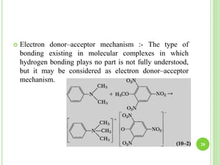 28
 Electron donor–acceptor mechanism :- The type of
bonding existing in molecular complexes in which
hydrogen bonding plays no part is not fully understood,
but it may be considered as electron donor–acceptor
mechanism.
 