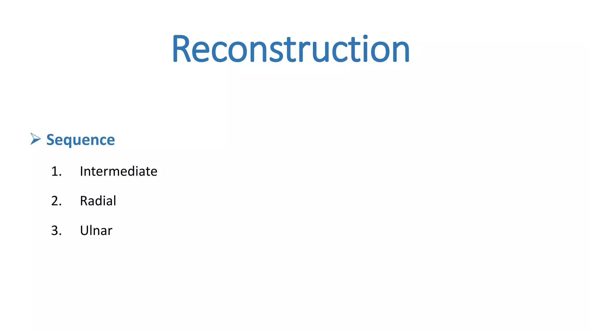 Reconstruction
 Sequence
1. Intermediate
2. Radial
3. Ulnar
 