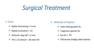 Surgical Treatment
 Goals
 Radial shortening < 5 mm
 Radial inclination > 15
 Articular step-off < 2 mm
 Tilt ( ) 15 dorsal – 20 volar tilt
 Method of fixation
 Volar locking plate fix
 Fragment specific fix
 Ext fix +- PP
 Distraction bridge plate fixation
 