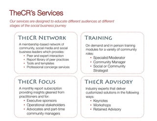 TheCR’s Services
Our services are designed to educate different audiences at different
                                      
stages of the social business journey


     TheCR Network                               Training
      A membership-based network of               On demand and in person training
      community, social media and social          modules for a variety of community
      business leaders which provides:
                                                  roles:
         •  Peer and expert interaction
         •  Report library of peer practices
                                                     •  Specialist/Moderator
         •  Tools and templates
                     •  Community Manager
         •  Professional concierge services
         •  Social or Community
                                                        Strategist


     TheCR Focus                                 TheCR Advisory
      A monthly report subscription               Industry experts that deliver
      providing insights gleaned from             customized solutions in the following
      practitioners and for:
                     ways:
         •  Executive sponsors
                      •  Keynotes
         •  Operational stakeholders
                •  Workshops
         •  Advocates and part-time                  •  Retained Advisory
            community managers
 