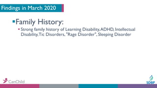 Findings in March 2020
§Family History:
§ Strong family history of Learning Disability,ADHD, Intellectual
Disability,Tic D...