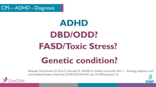 CPS – ADHD - Diagnosis
Bélanger SA,Andrews D, Gray C, Korczak D. ADHD in children and youth: Part 1 - Etiology, diagnosis,...