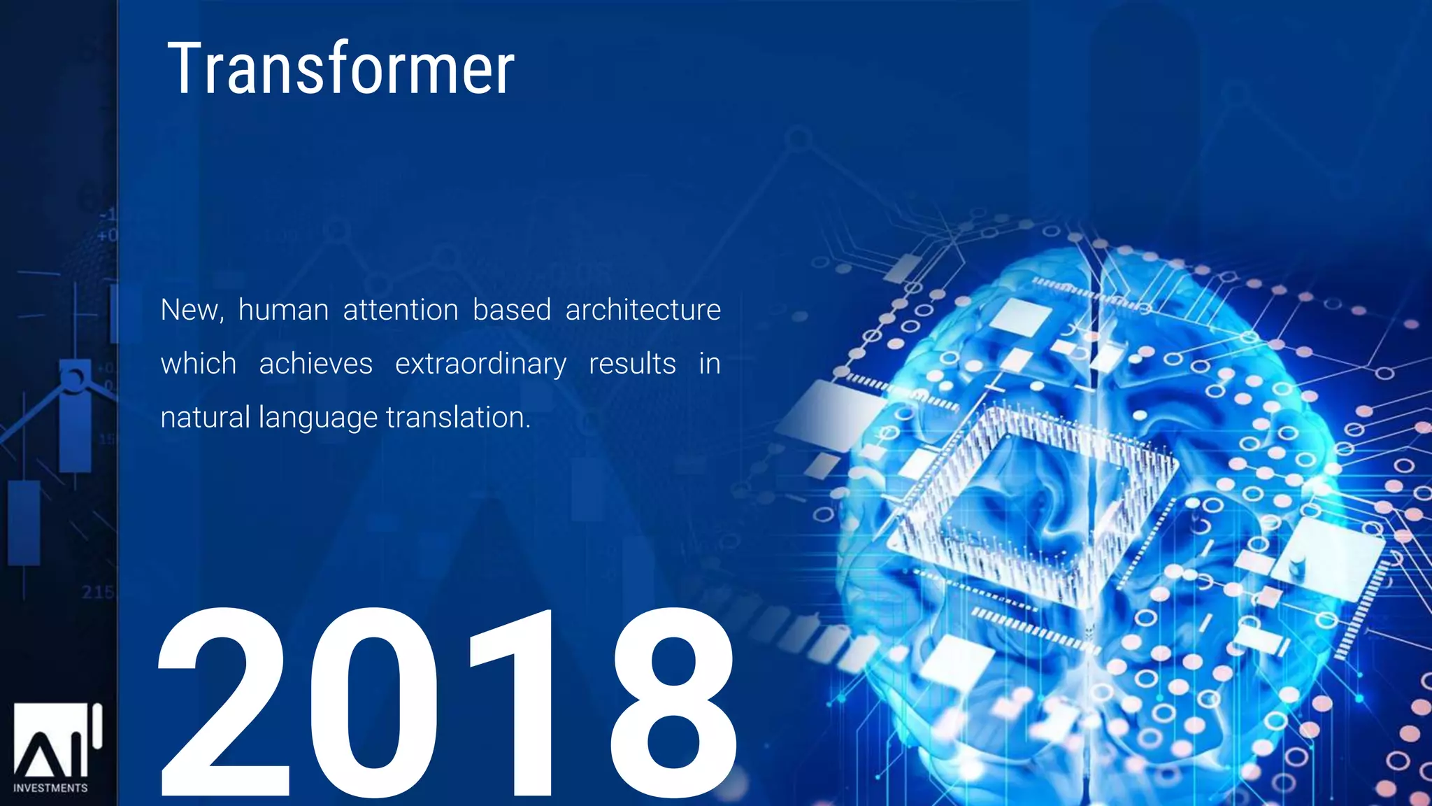 New, human attention based architecture
which achieves extraordinary results in
natural language translation.
Transformer
 