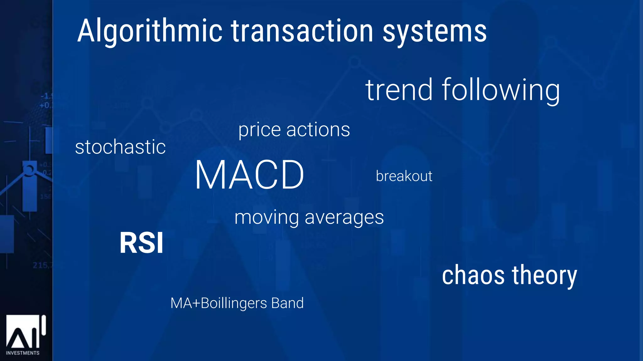 MACD
moving averages
price actions
breakout
MA+Boillingers Band
trend following
RSI
stochastic
chaos theory
Algorithmic transaction systems
 