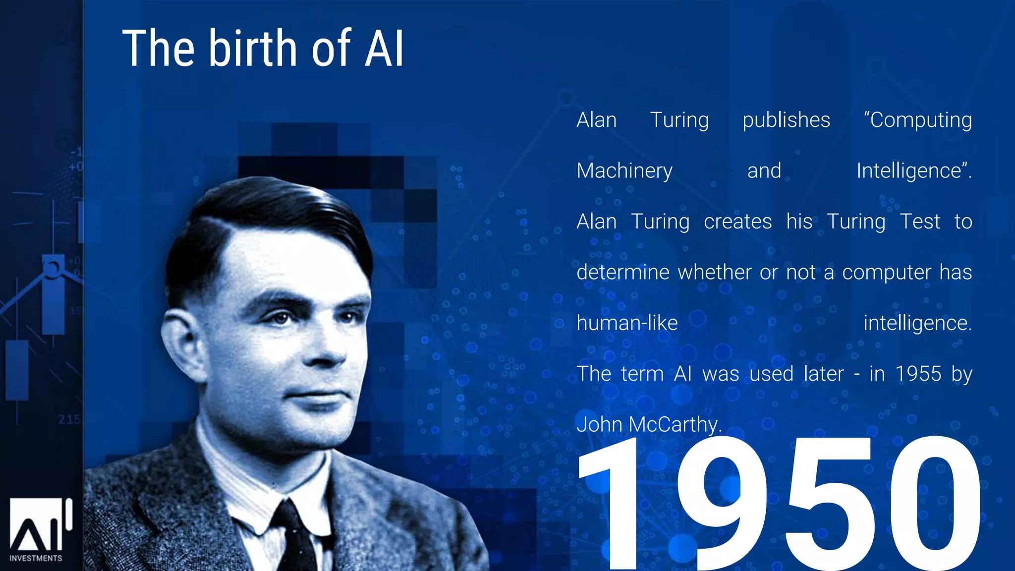 Alan Turing publishes “Computing
Machinery and Intelligence”.
Alan Turing creates his Turing Test to
determine whether or not a computer has
human-like intelligence.
The term AI was used later - in 1955 by
John McCarthy.
The birth of AI
 