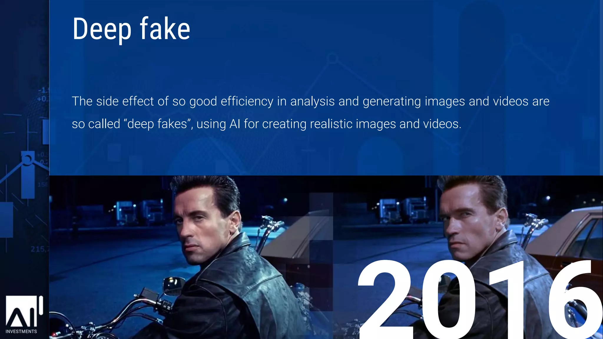 The side effect of so good efficiency in analysis and generating images and videos are
so called “deep fakes”, using AI for creating realistic images and videos.
Deep fake
 
