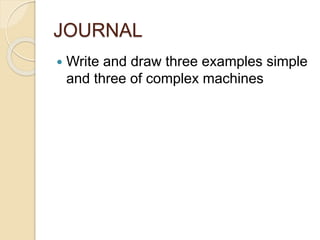 JOURNAL
 Write and draw three examples simple
and three of complex machines
 