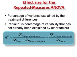  Percentage of variance explained by the 
treatment differences 
 Partial η2 is percentage of variability that has 
not already been explained by other factors 
between treatments 
error 
between treatments 
SS 
total between subjects 
SS 
SS 
SS SS 
 
 
 2  
 
