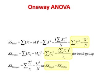 Oneway ANOVA 
      
X 
X 
    
Total Within 
i 
Total 
Between 
i 
i 
Within i i i 
or SS SS 
G 
N 
T 
n 
SS 
G 
for each group 
n 
SS X M X 
N 
X 
N 
SS X M X 
i 
 
   
 
  
 
 
  
2 2 
2 
2 2 
2 
2 
2 
2 2 
( ) 
( ) 
( ) 
( ) 
 