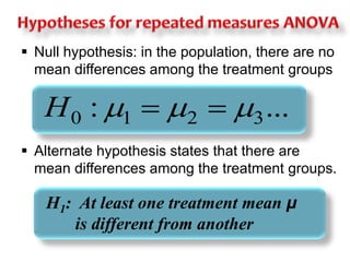  Null hypothesis: in the population, there are no 
mean differences among the treatment groups 
: ... 0 1 2 3 H    
 Alternate hypothesis states that there are 
mean differences among the treatment groups. 
H1: At least one treatment mean μ 
is different from another 
 