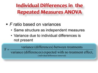  F ratio based on variances 
variance (differences) between treatments 
variance (differences) expected with no treatment effect, 
(individual differences removed) 
F  
• Same structure as independent measures 
• Variance due to individual differences is 
not present 
 