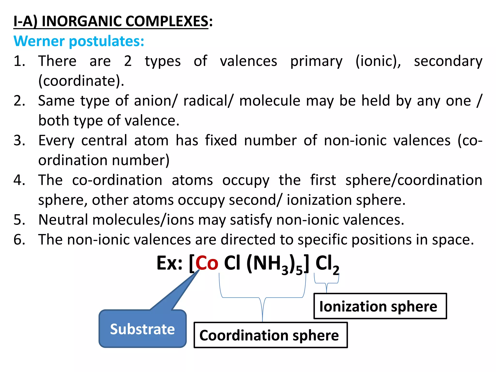 I-A) INORGANIC COMPLEXES:
Werner postulates:
1. There are 2 types of valences primary (ionic), secondary
(coordinate).
2. Same type of anion/ radical/ molecule may be held by any one /
both type of valence.
3. Every central atom has fixed number of non-ionic valences (co-
ordination number)
4. The co-ordination atoms occupy the first sphere/coordination
sphere, other atoms occupy second/ ionization sphere.
5. Neutral molecules/ions may satisfy non-ionic valences.
6. The non-ionic valences are directed to specific positions in space.
Ex: [Co Cl (NH3)5] Cl2
Substrate Coordination sphere
Ionization sphere
 