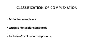 • Metal ion complexes
• Organic molecular complexes
• Inclusion/ occlusion compounds
 