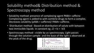 Solubility method& Distribution method &
Spectroscopy method
• Solubility method: presence of complexing agent PABA+ caffeine
Complexing agent is added to with combine drugs to form a complex.
Decreases solubility (pABA + caffeine)/ PABA+ caffeine.
• Distribution method : Based on distribution of solute with between
two immiscible liquids in constant eg .i2 + ki = ki3
• Spectroscopy method : visible by uv spectroscopy. Light passes
through the solution sample and the base of the light is observed at
the peak of the drug.
 
