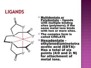 Multidentate or Polydentate  – ligands with multiple binding sites (polymers); if the same metal ions binds with two or more sites. The complex form is called CHELATE Hexadentate  -  ethylenediaminetetraacetic acid (EDTA)- Has a total of six points (4:0 and 2: N) for attachment of metal ions. 