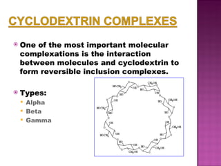 One of the most important molecular complexations is the interaction between molecules and cyclodextrin to form reversible inclusion complexes. Types: Alpha Beta Gamma 
