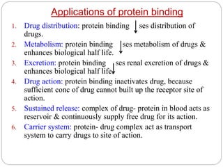 Applications of protein binding
1. Drug distribution: protein binding ses distribution of
drugs.
2. Metabolism: protein binding ses metabolism of drugs &
enhances biological half life.
3. Excretion: protein binding ses renal excretion of drugs &
enhances biological half life.
4. Drug action: protein binding inactivates drug, because
sufficient conc of drug cannot built up the receptor site of
action.
5. Sustained release: complex of drug- protein in blood acts as
reservoir & continuously supply free drug for its action.
6. Carrier system: protein- drug complex act as transport
system to carry drugs to site of action.
 