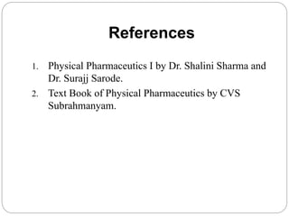 References
1. Physical Pharmaceutics I by Dr. Shalini Sharma and
Dr. Surajj Sarode.
2. Text Book of Physical Pharmaceutics by CVS
Subrahmanyam.
 